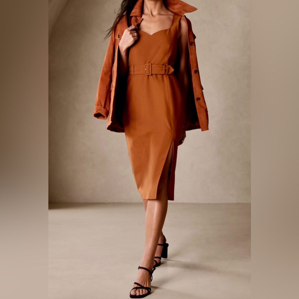 Chic Rust-Brown Midi Sheath Dress with Belt